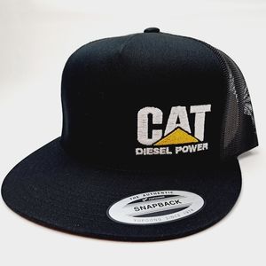 Caterpillar Cat Flat Bill Trucker Mesh Snapback Cap Hat Black Embroidered